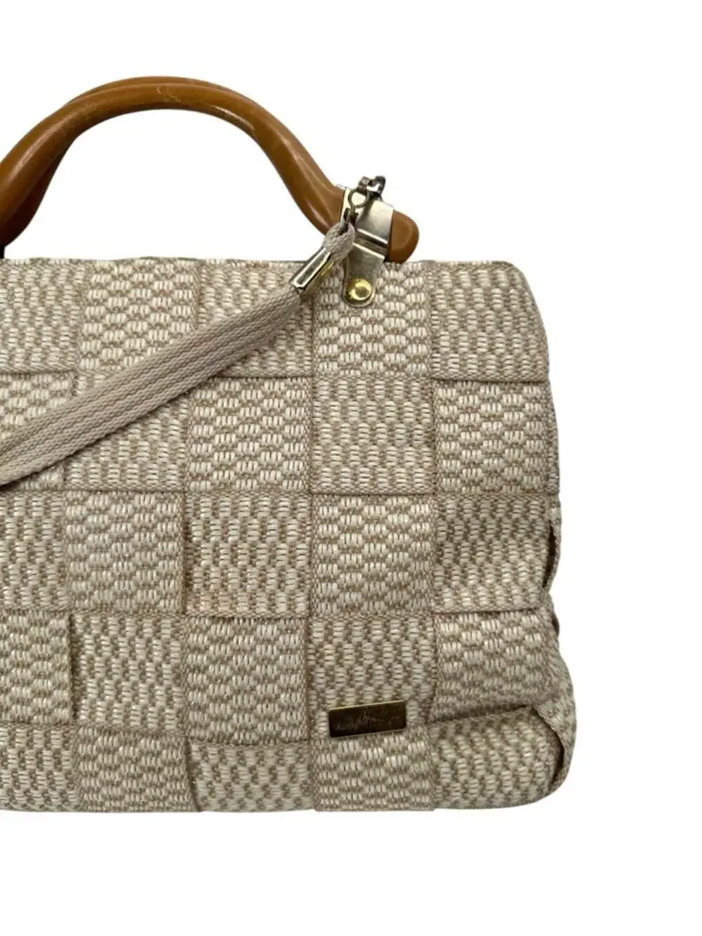 Alma Tunutti Woven Satchel Beige Top Handle Crossbody Wooden Handle Bag